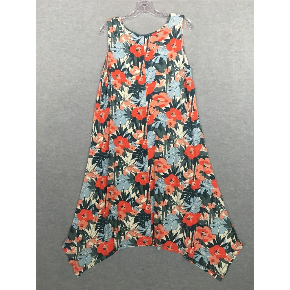 C&C California 1X Midi Maxi Dress Orange Green Tropical Handkerchief Hem Stretch - Picture 2 of 9